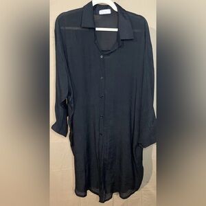 OAK + FORT Textured Sheer Black Textured Button Up Cover Up Top